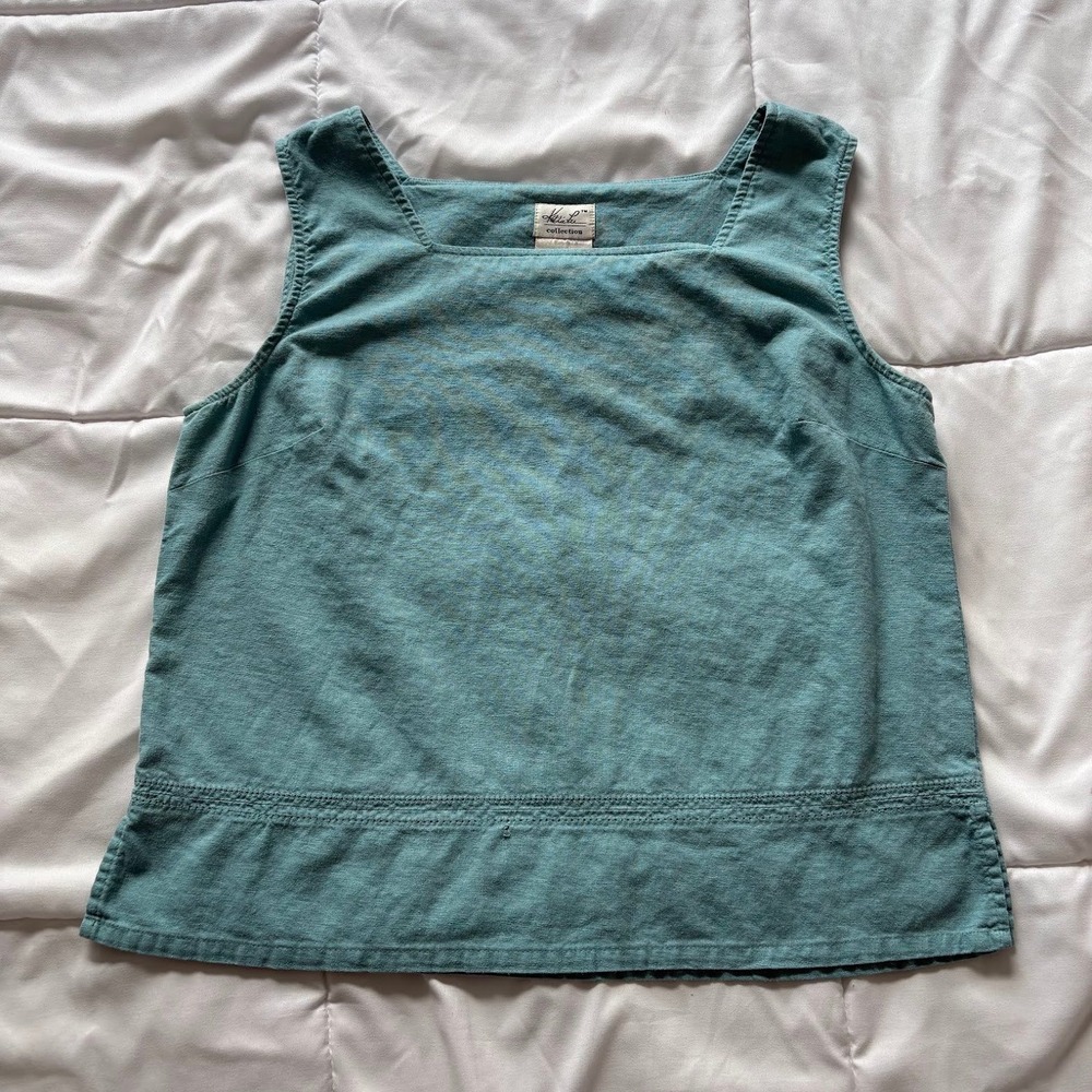 Vintage Katie Lee Teal Linen Blend Square Neck Tank Top Womens Large Beachy
